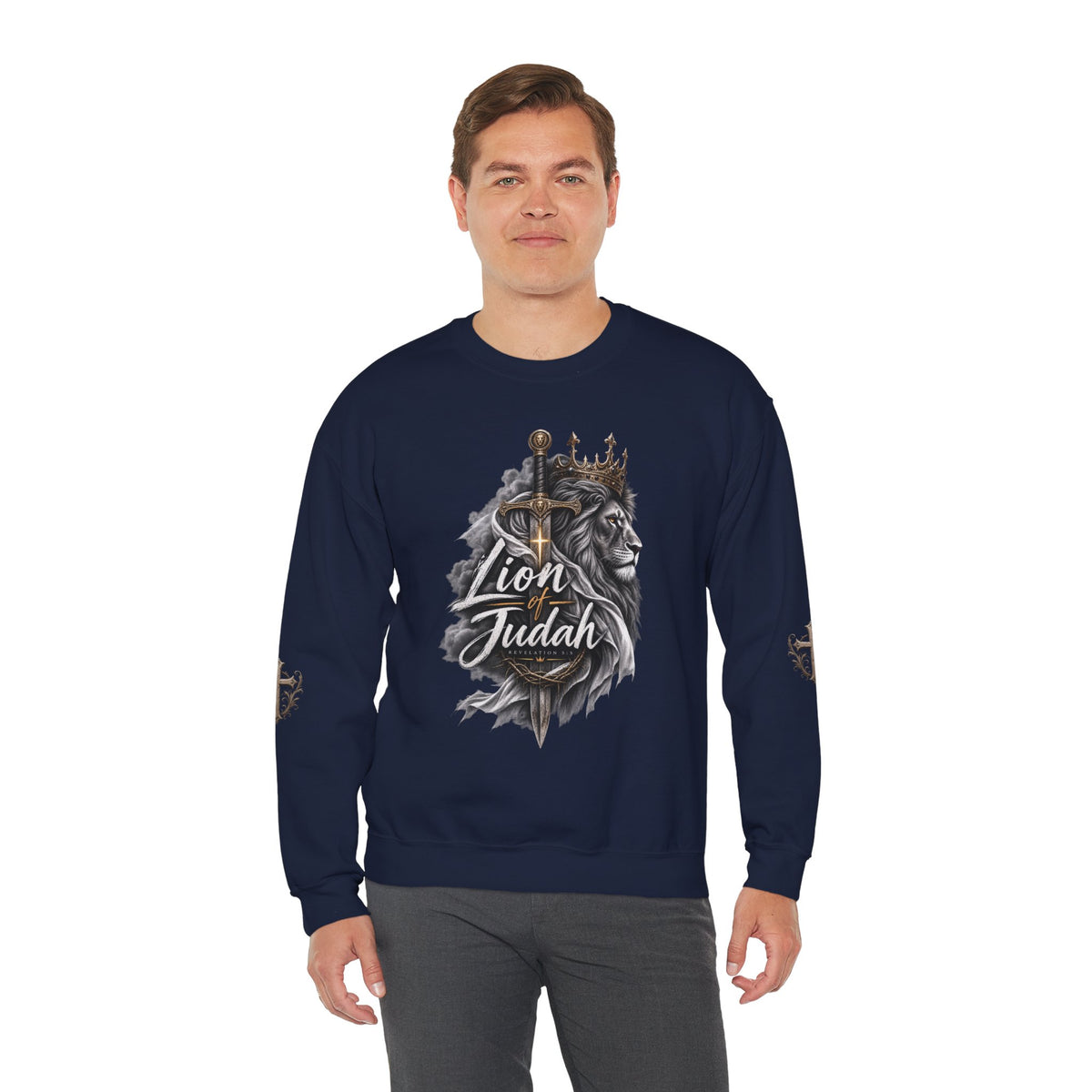 Lion of Judah Sweatshirt — Christian Lion Crewneck with Crown & Ichthys Back