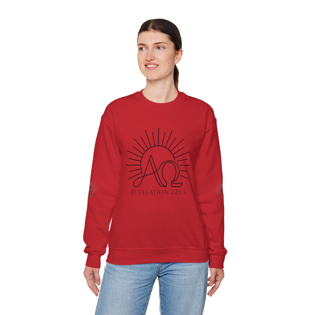 Alpha & Omega Crewneck Sweatshirt — Revelation 22:13 Christian Graphic Pullover