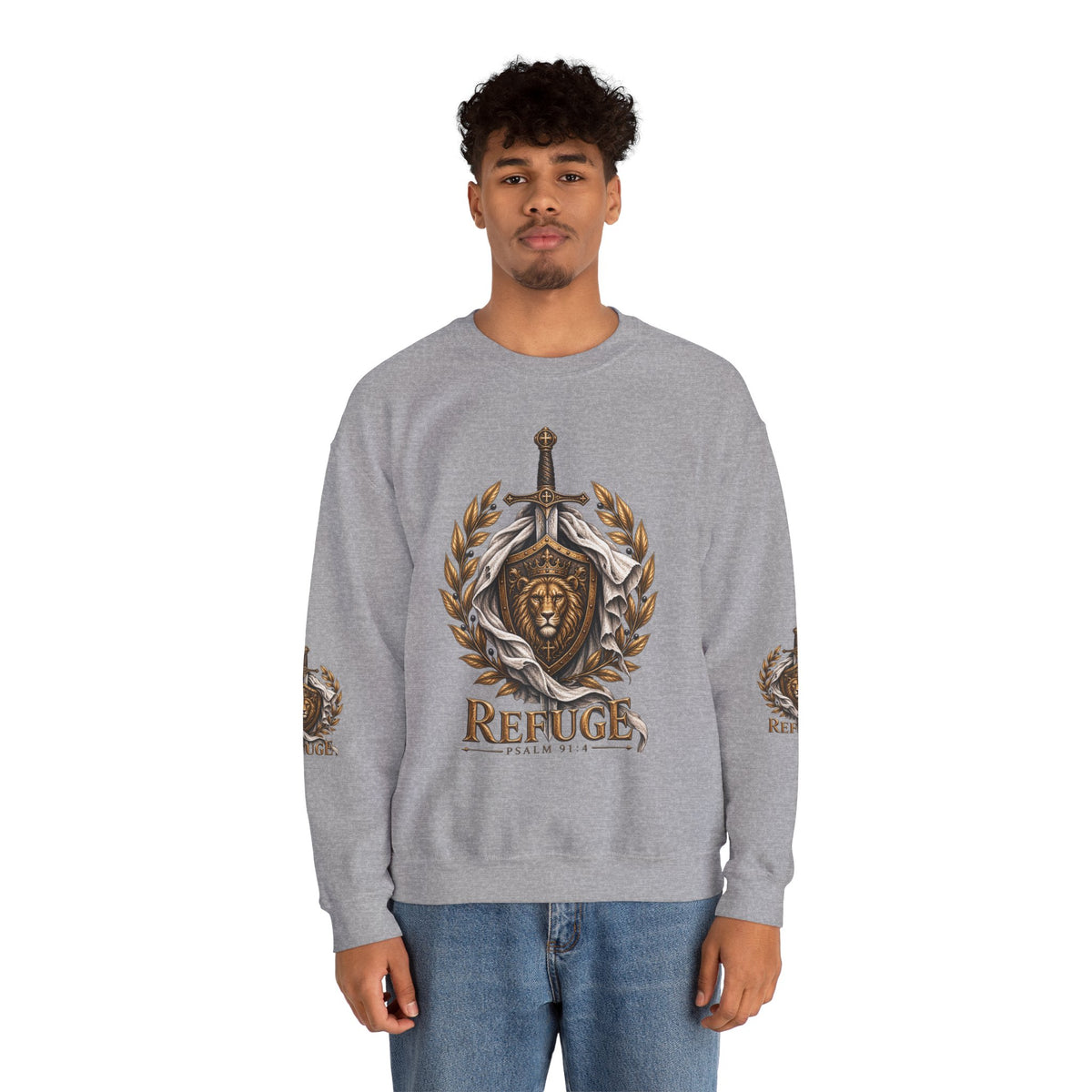 Crewneck Sweatshirt — 'Refuge' Lion & Sword Psalm 91:4 Christian Pullover