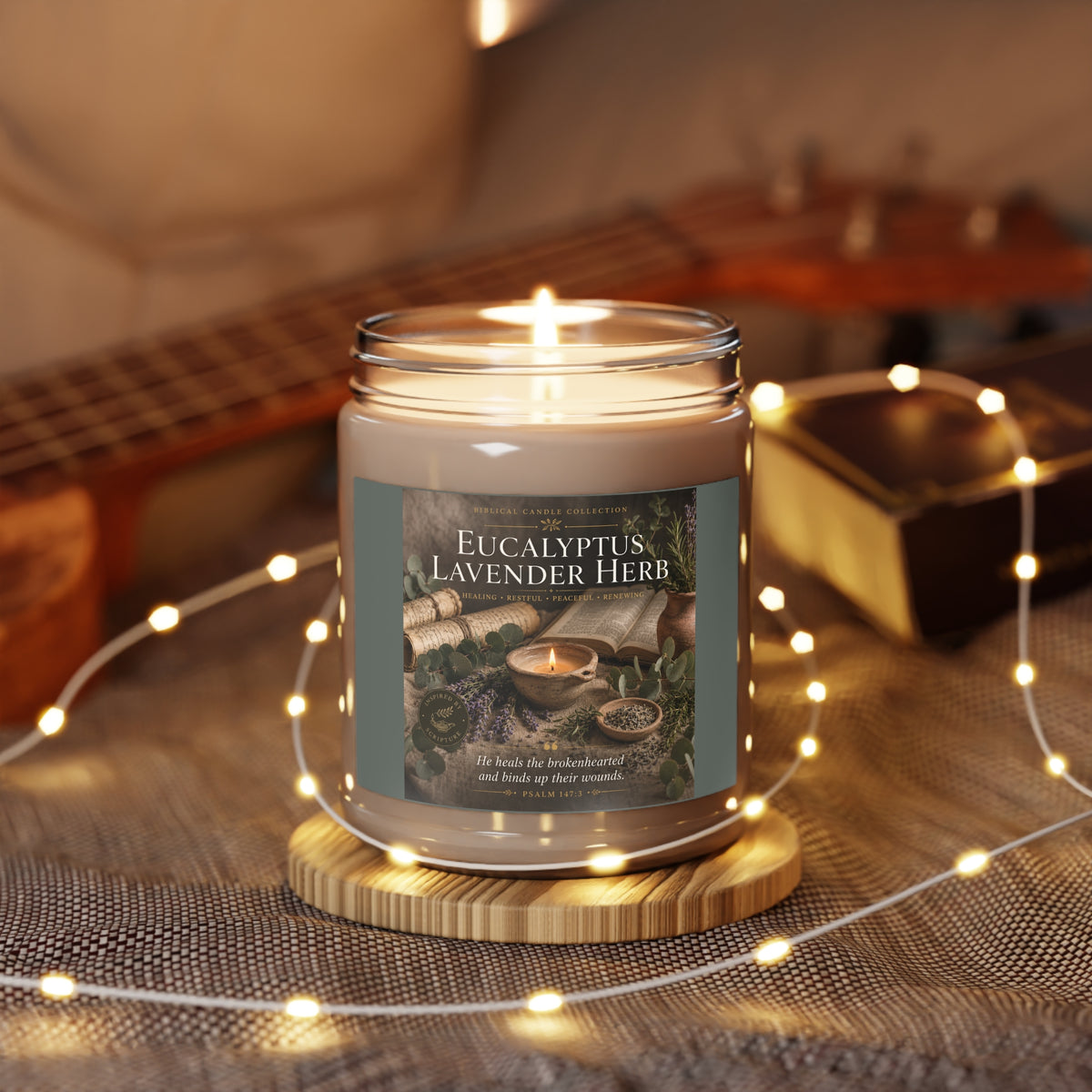 Eucalyptus Lavender Herb Soy Candle — 9oz Scented Jar with White Lid