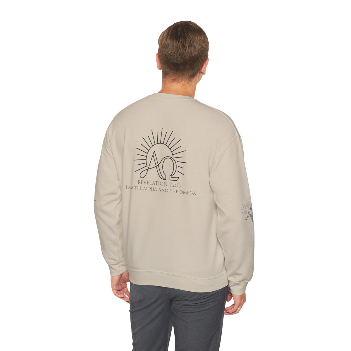 Alpha & Omega Crewneck Sweatshirt — Revelation 22:13 Christian Graphic Pullover