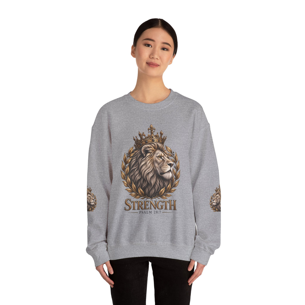 Strength Lion Crewneck Sweatshirt — Psalm 28:7 Inspirational Pullover