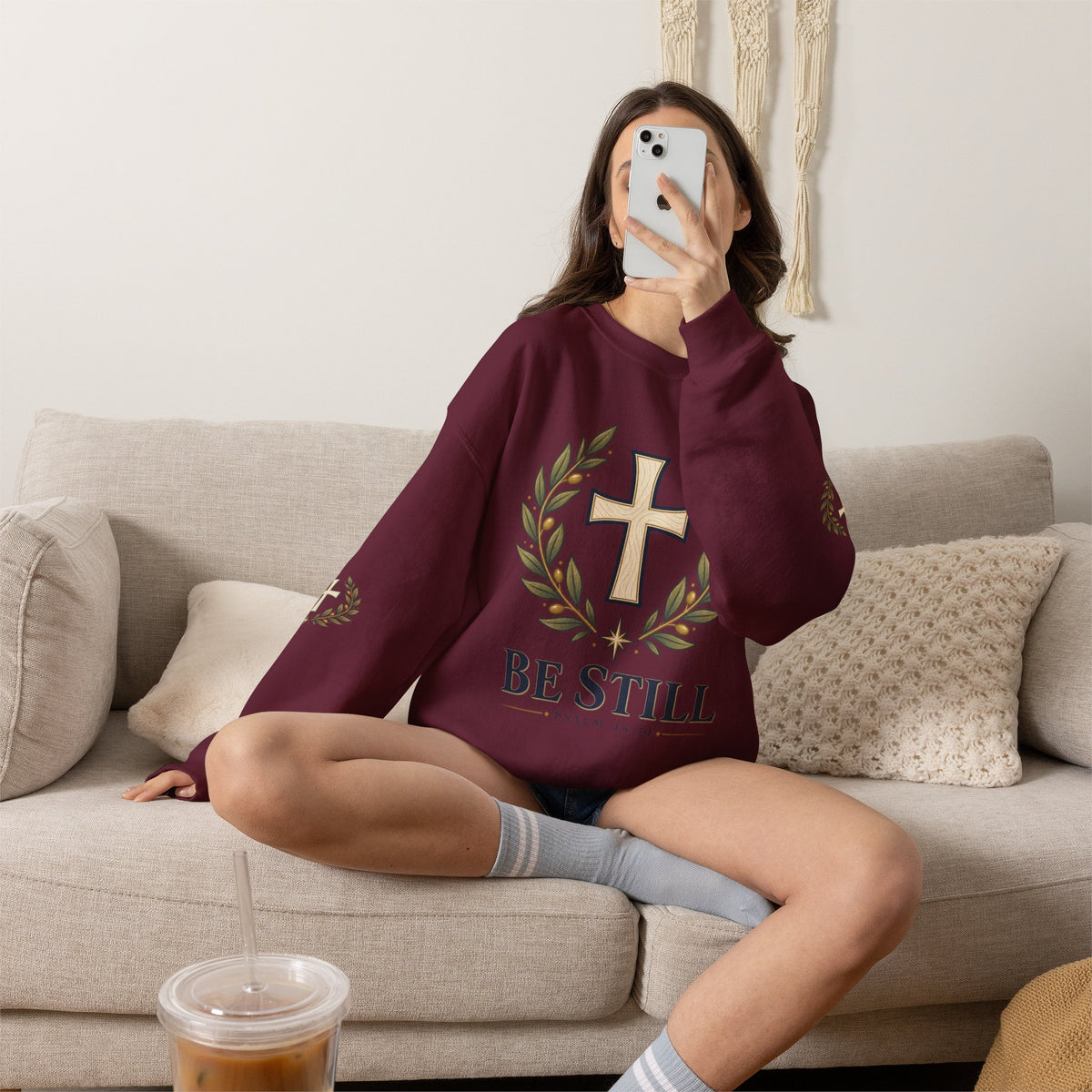 Crewneck Sweatshirt — "Be Still" Psalm 46:10 Christian Cross Design