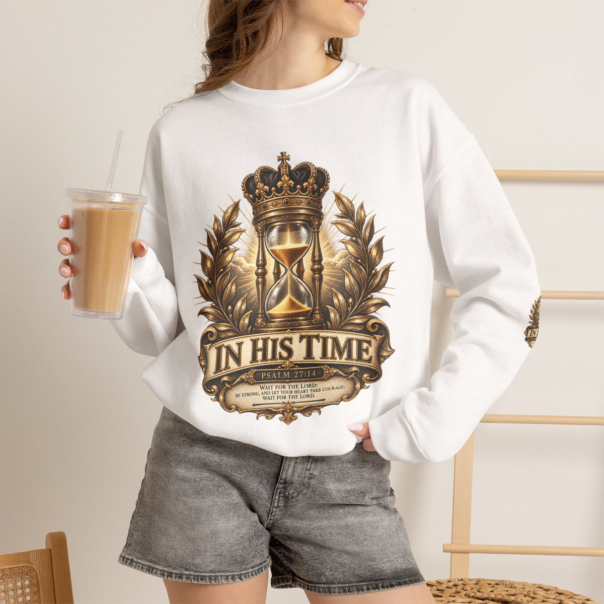 In His Time Crewneck Sweatshirt – Inspirational Christian Scripture Hourglass Design