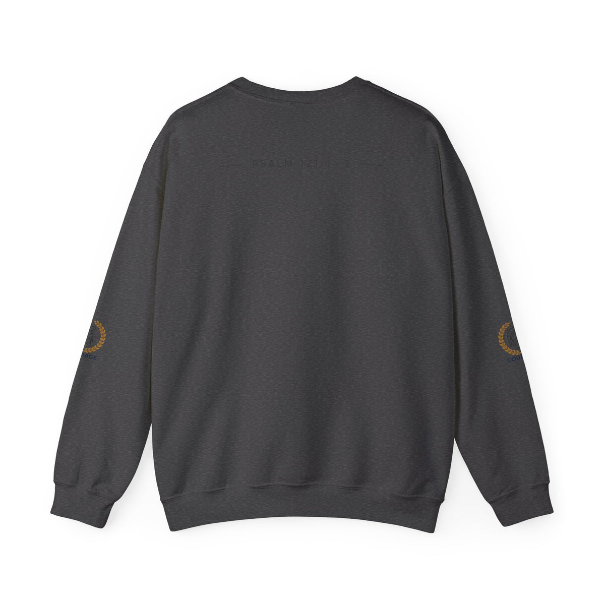 Courage Spartan Helmet Crewneck Sweatshirt — "Courage" with Laurel & Psalm 121:1-2