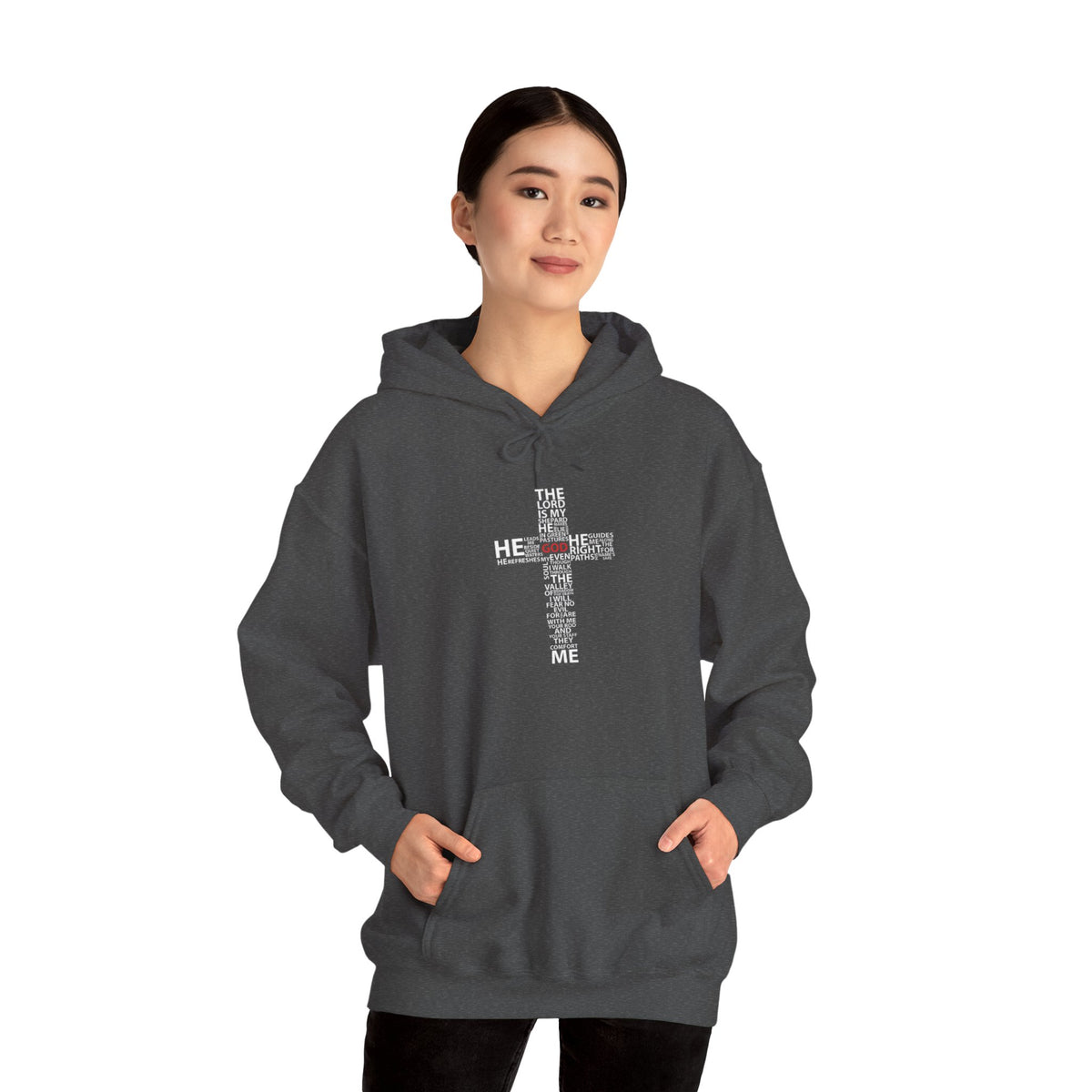 Christian Cross Hoodie - "He Renewed Me" Word Cloud Faith Sweatshirt