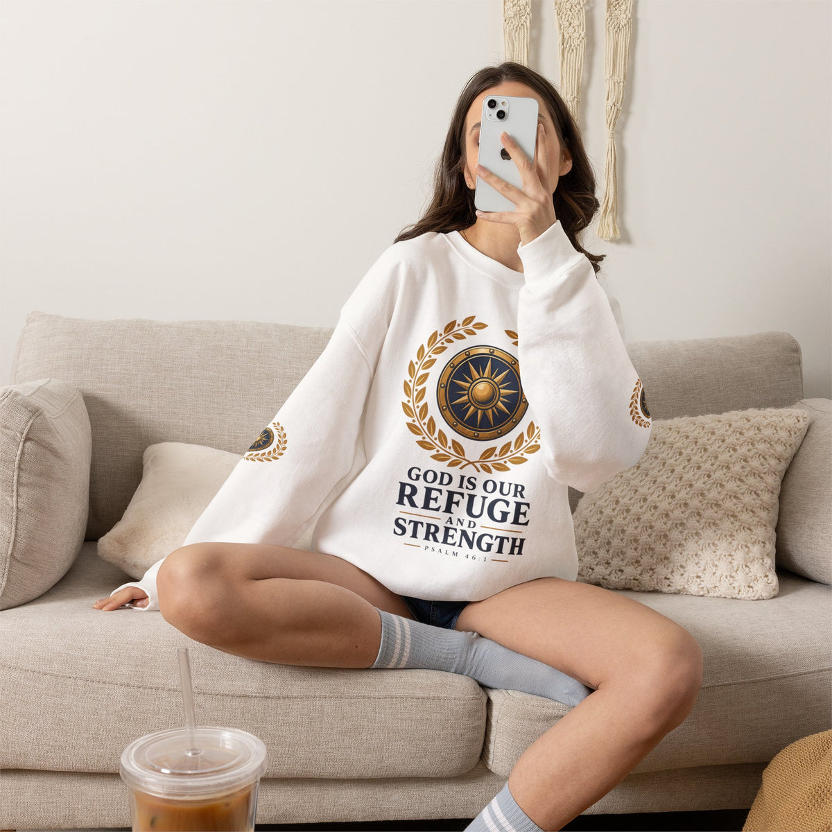 Crewneck Sweatshirt — “God Is Our Refuge and Strength” Psalm 46:1 Christian Faith Pullover