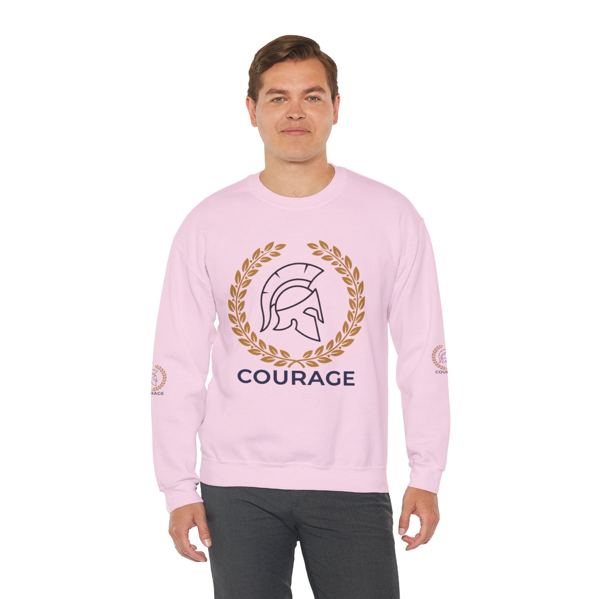 Courage Spartan Helmet Crewneck Sweatshirt — "Courage" with Laurel & Psalm 121:1-2