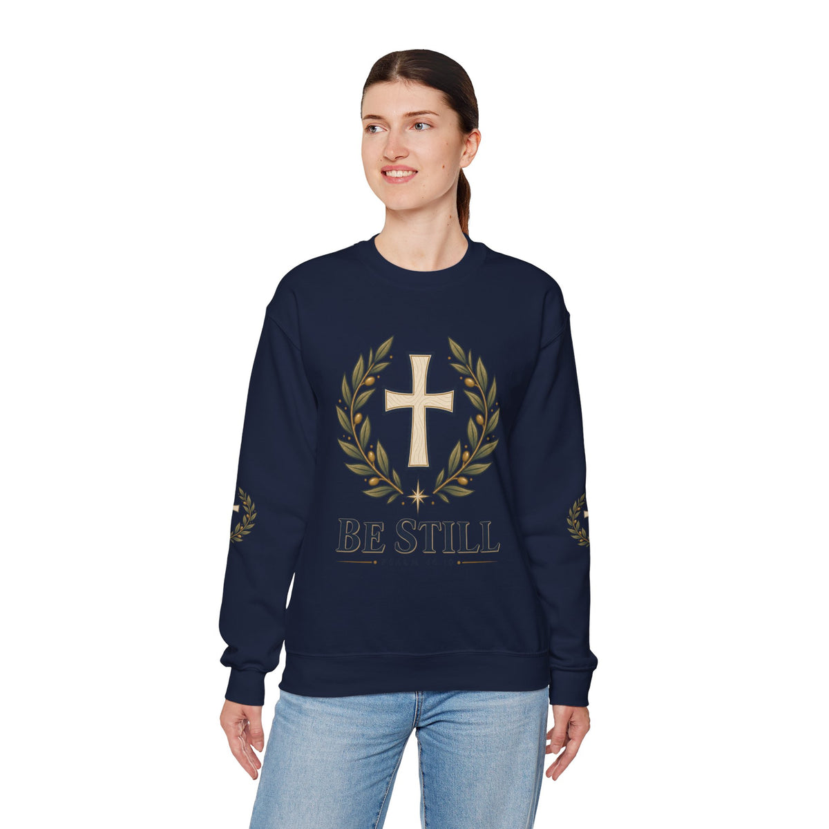 Crewneck Sweatshirt — "Be Still" Psalm 46:10 Christian Cross Design
