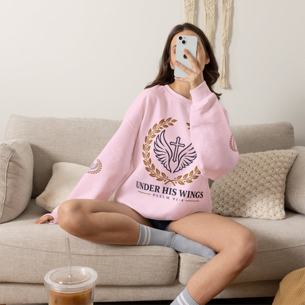 Religious Crewneck Sweatshirt – “Under His Wings” Psalm 91:4 Christian Pullover