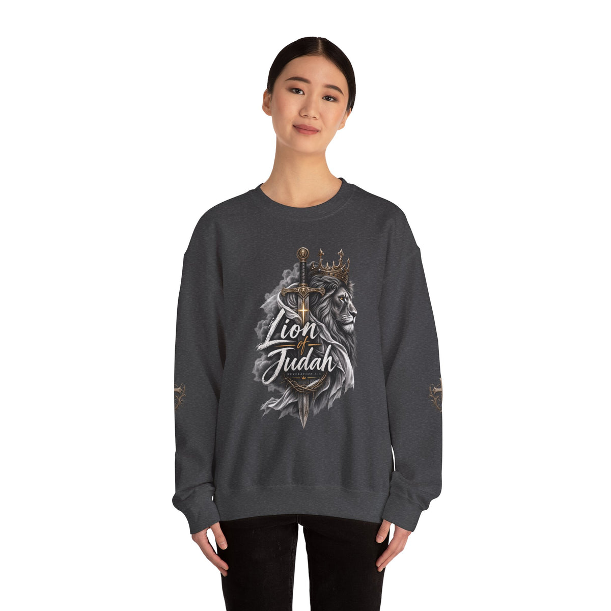 Lion of Judah Sweatshirt — Christian Lion Crewneck with Crown & Ichthys Back