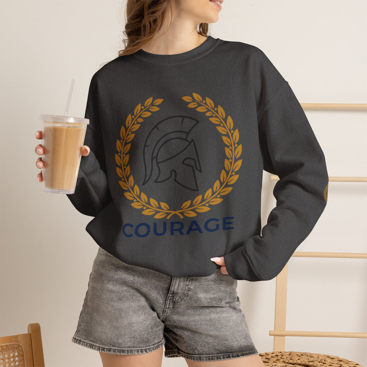 Courage Spartan Helmet Crewneck Sweatshirt — "Courage" with Laurel & Psalm 121:1-2