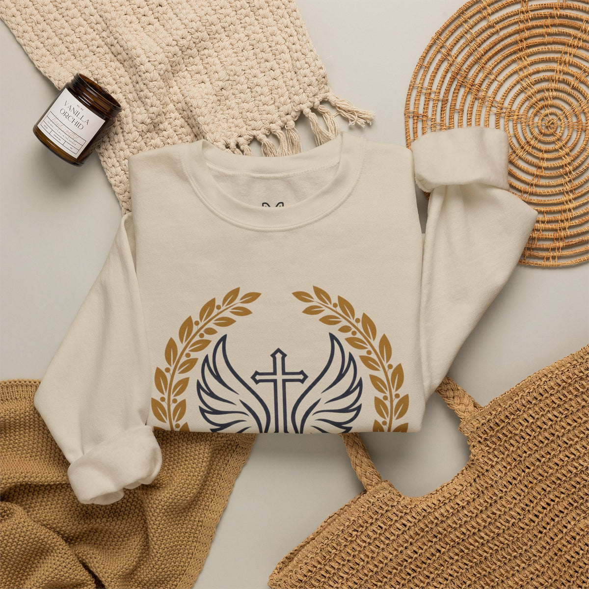 Religious Crewneck Sweatshirt – “Under His Wings” Psalm 91:4 Christian Pullover
