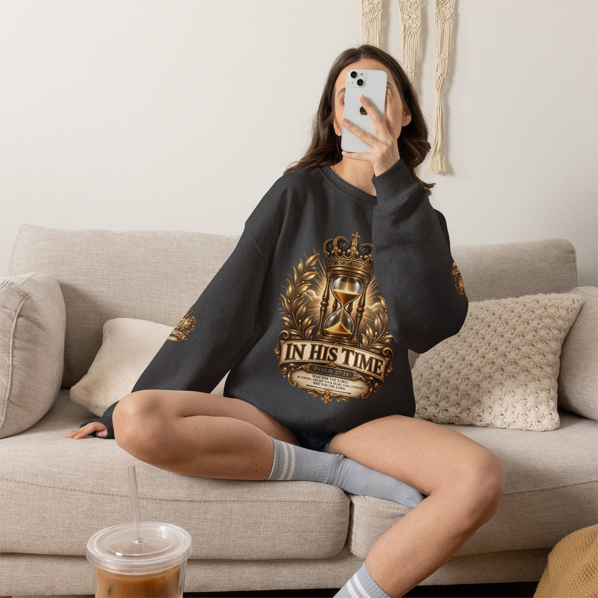 In His Time Crewneck Sweatshirt – Inspirational Christian Scripture Hourglass Design