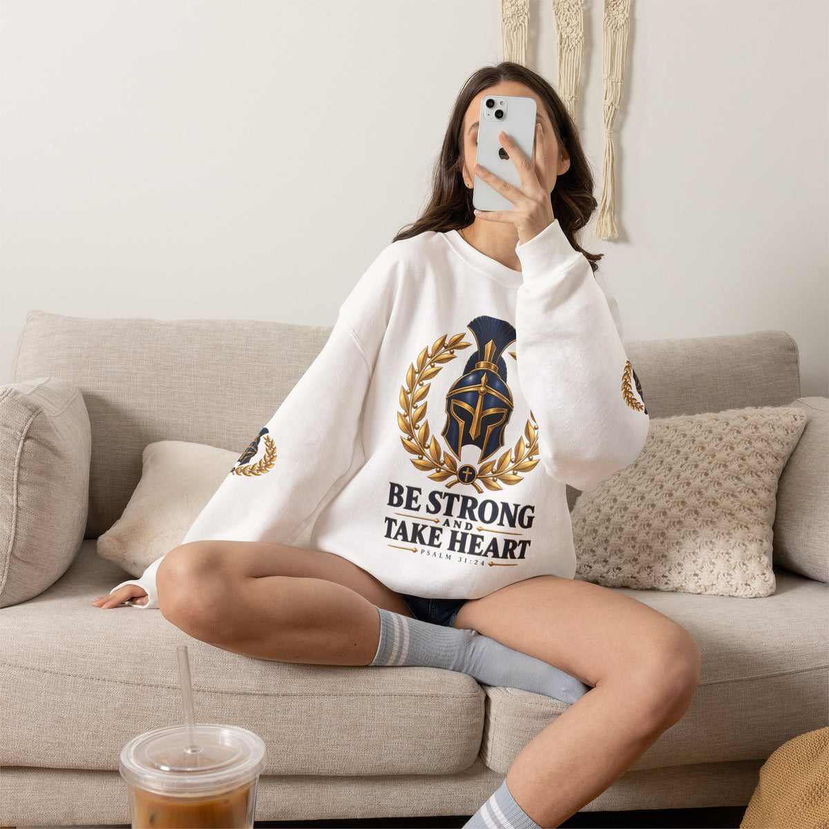 Crewneck Sweatshirt — "Be Strong and Take Heart" Psalm 31:24 Spartan Helmet Design