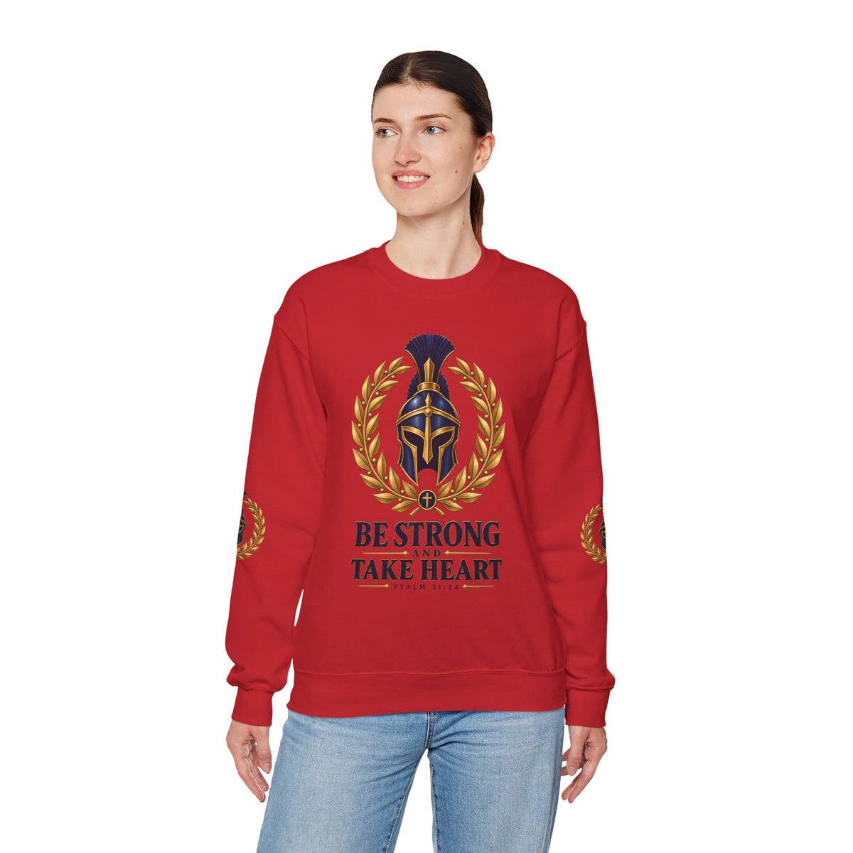 Crewneck Sweatshirt — "Be Strong and Take Heart" Psalm 31:24 Spartan Helmet Design