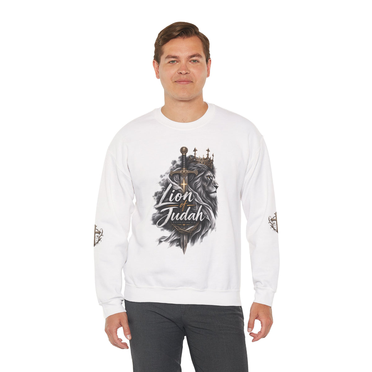 Lion of Judah Sweatshirt — Christian Lion Crewneck with Crown & Ichthys Back
