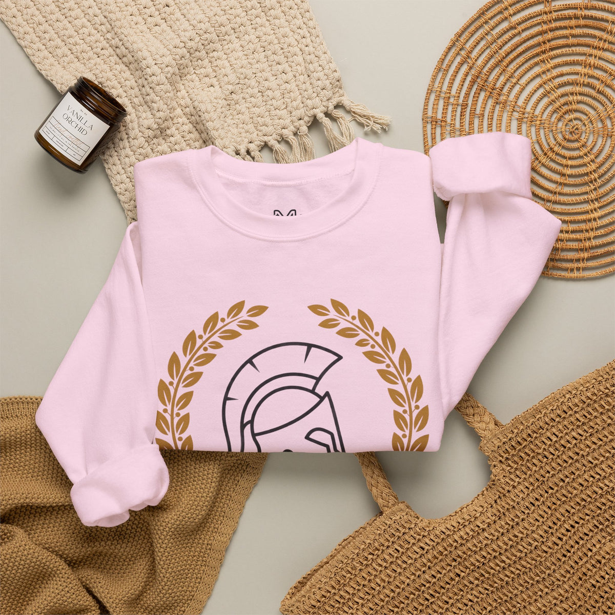Courage Spartan Helmet Crewneck Sweatshirt — "Courage" with Laurel & Psalm 121:1-2