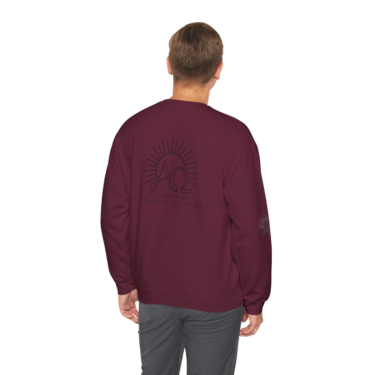Alpha & Omega Crewneck Sweatshirt — Revelation 22:13 Christian Graphic Pullover