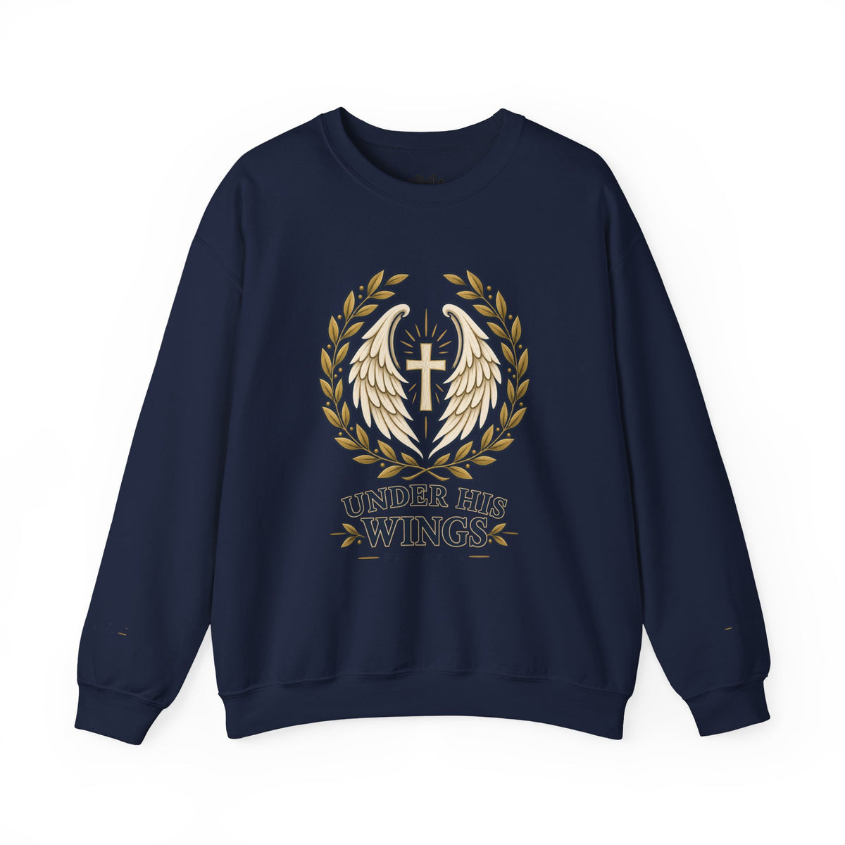 Under His Wings Crewneck Sweatshirt — Christian Cross & Angel Wings Psalm Design