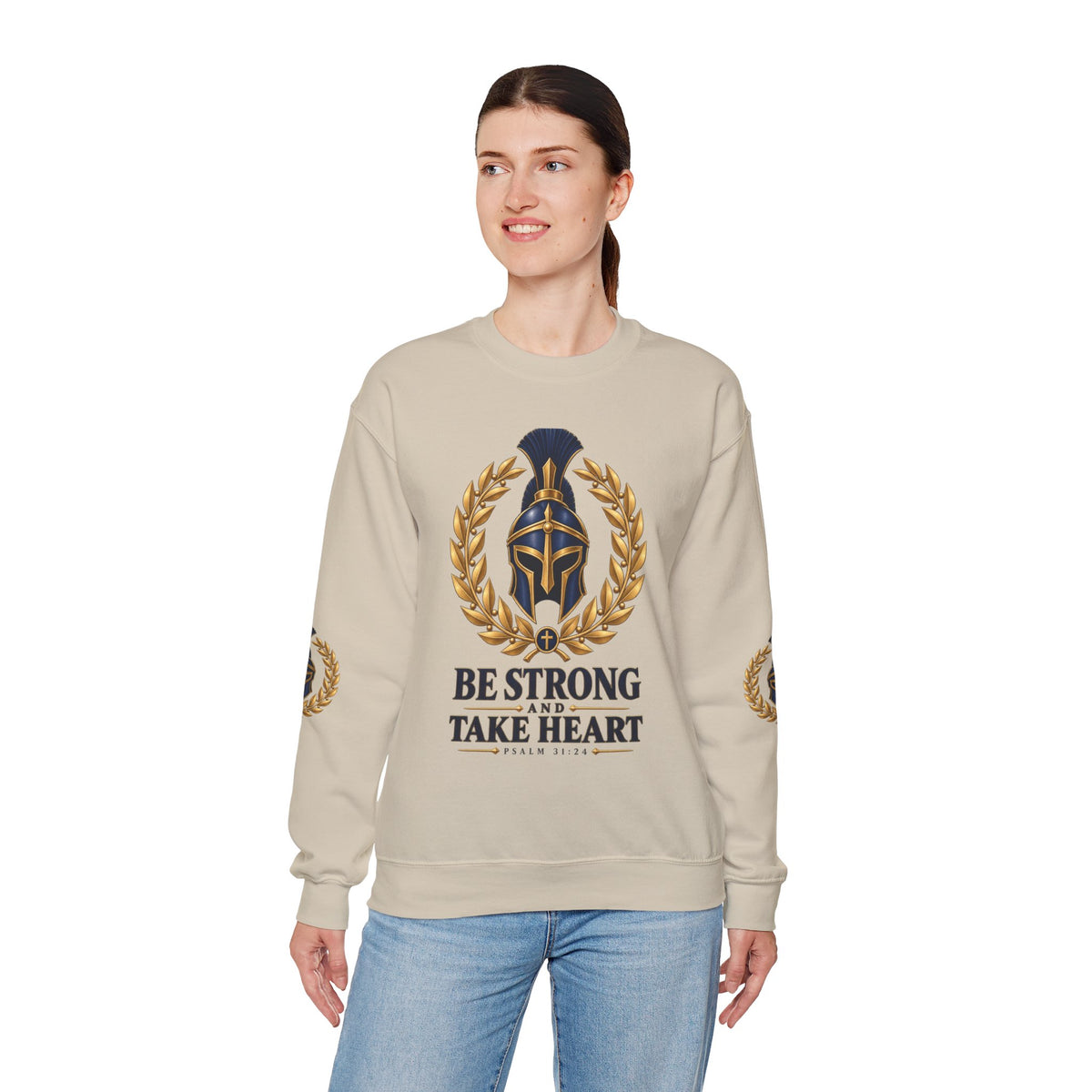 Crewneck Sweatshirt — "Be Strong and Take Heart" Psalm 31:24 Spartan Helmet Design
