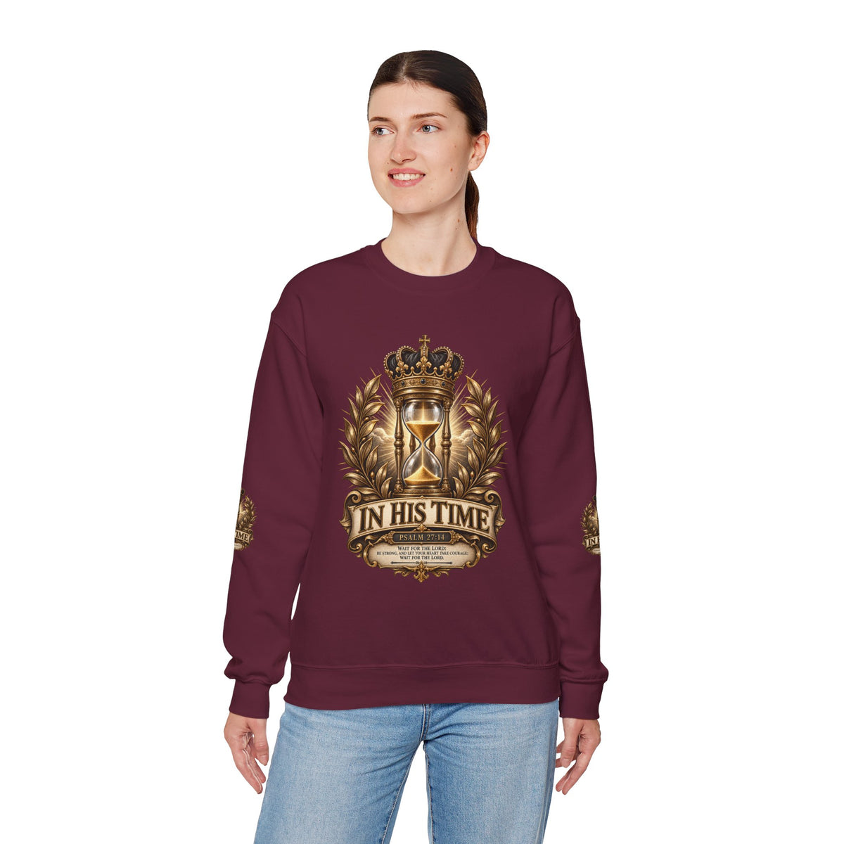 In His Time Crewneck Sweatshirt – Inspirational Christian Scripture Hourglass Design