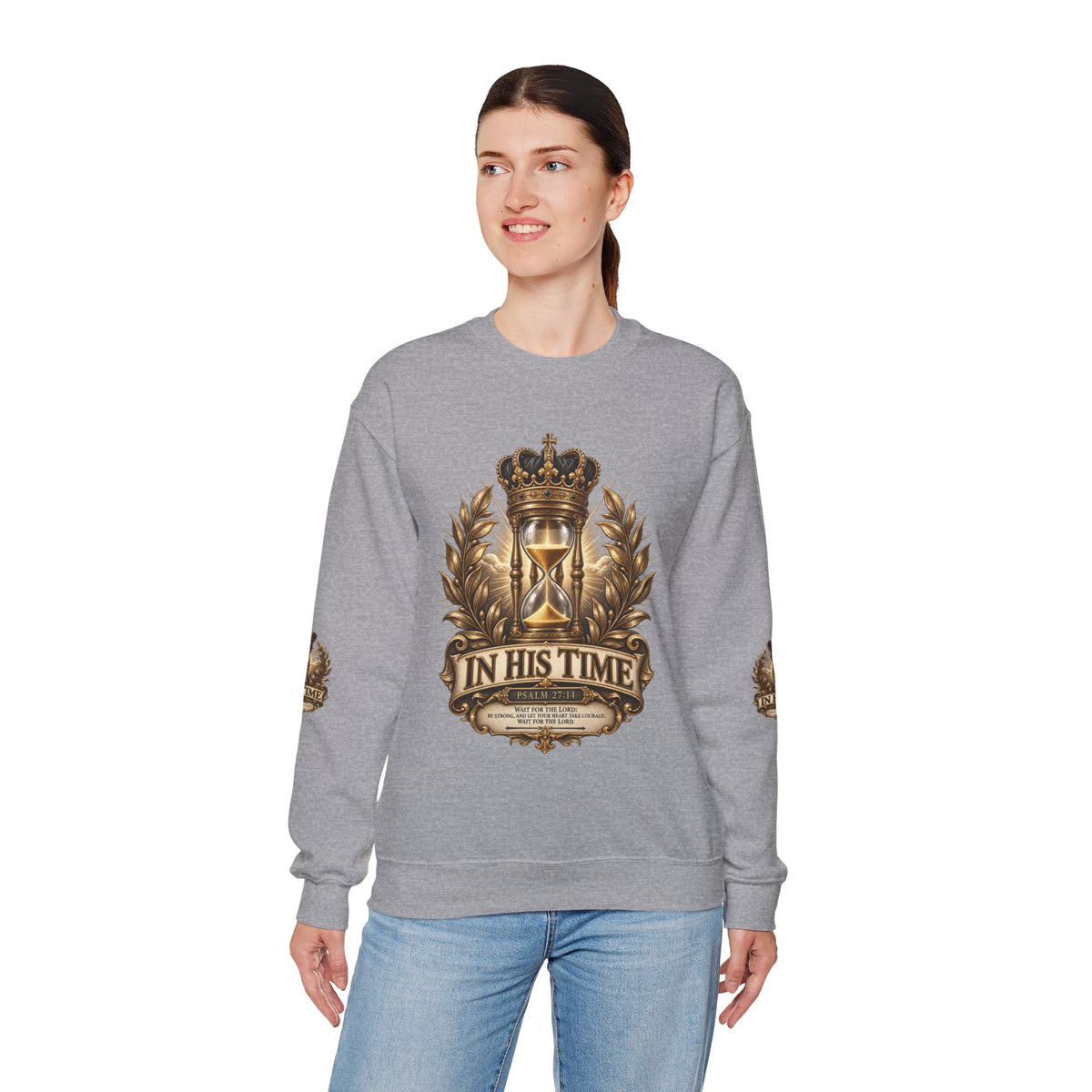 In His Time Crewneck Sweatshirt – Inspirational Christian Scripture Hourglass Design