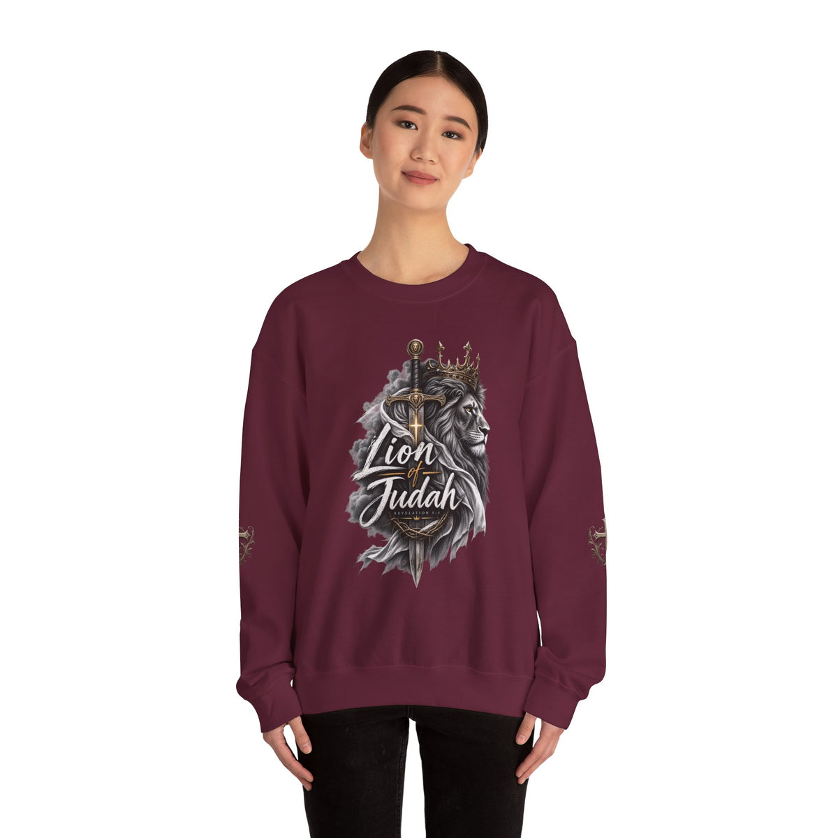 Lion of Judah Sweatshirt — Christian Lion Crewneck with Crown & Ichthys Back