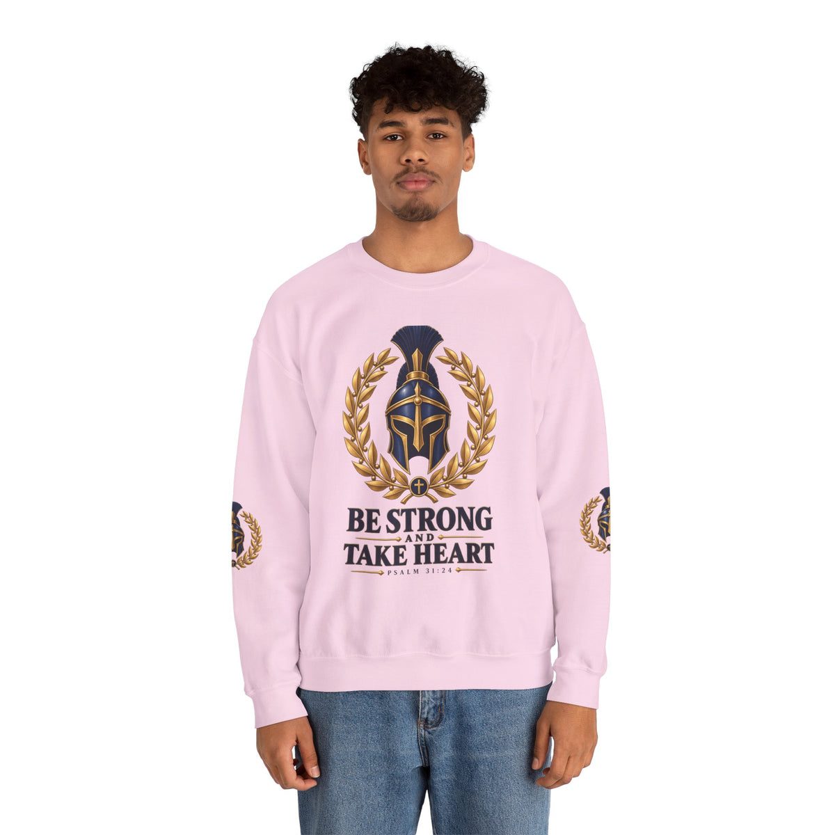 Crewneck Sweatshirt — "Be Strong and Take Heart" Psalm 31:24 Spartan Helmet Design