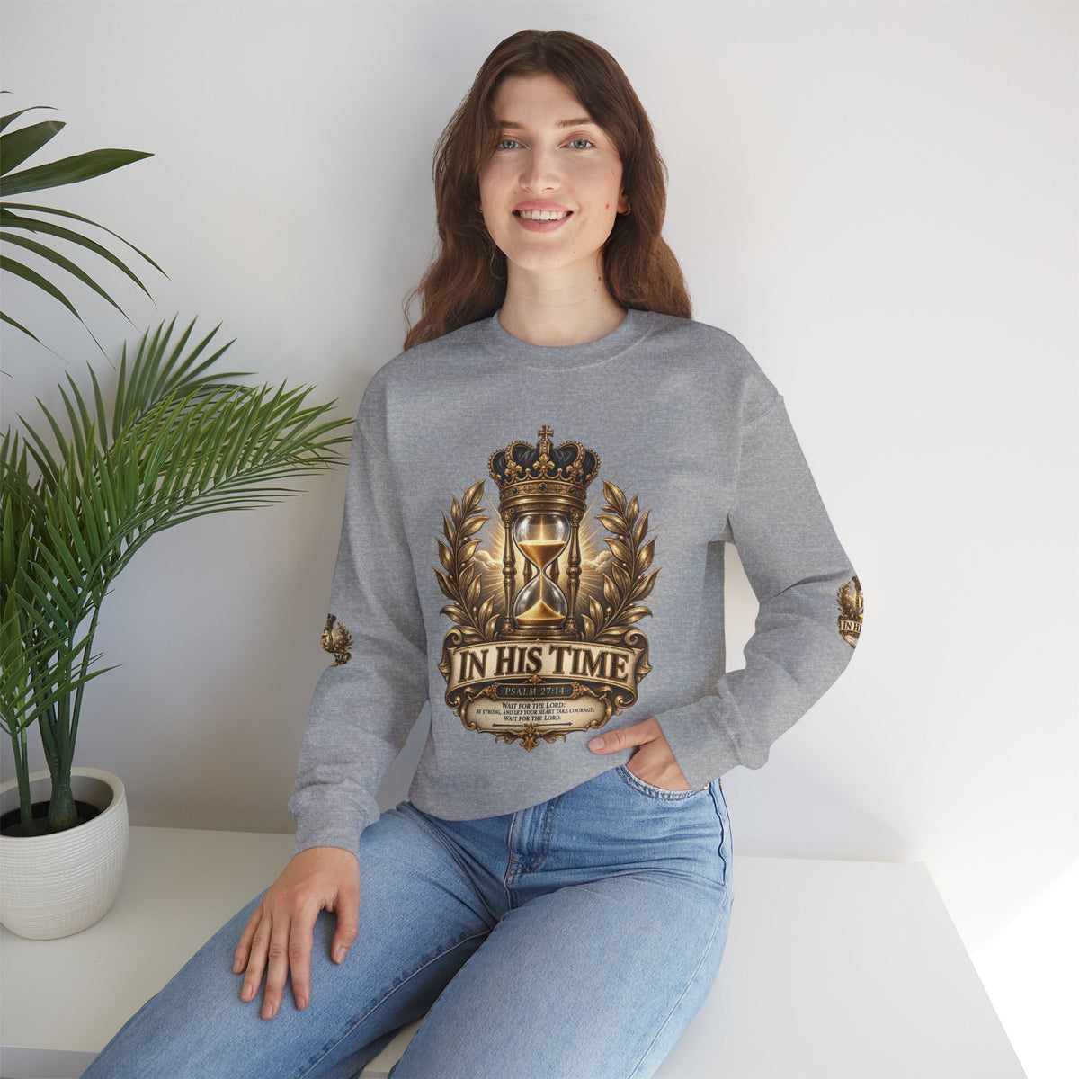 In His Time Crewneck Sweatshirt – Inspirational Christian Scripture Hourglass Design
