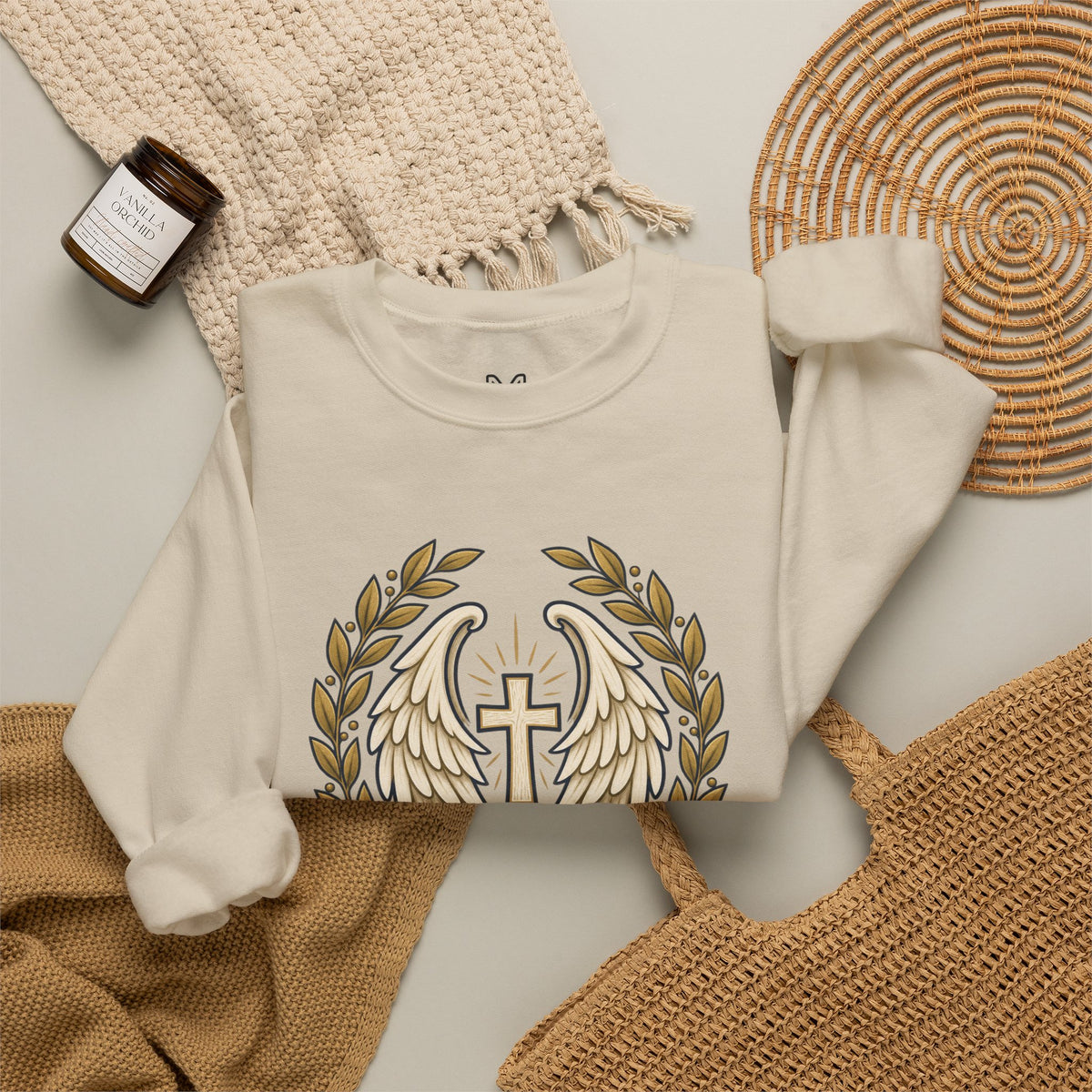 Under His Wings Crewneck Sweatshirt — Christian Cross & Angel Wings Psalm Design