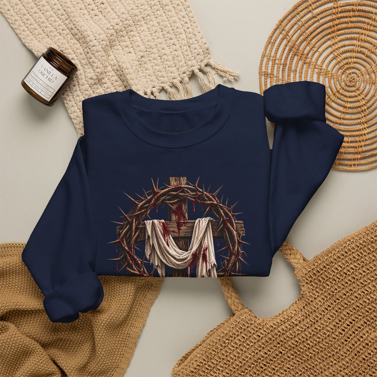 Redeemed Cross Sweatshirt — Christian Faith Crewneck (crown of thorns design)