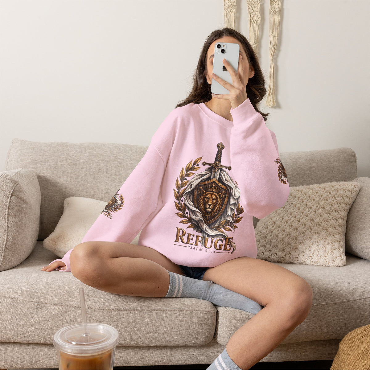 Crewneck Sweatshirt — 'Refuge' Lion & Sword Psalm 91:4 Christian Pullover