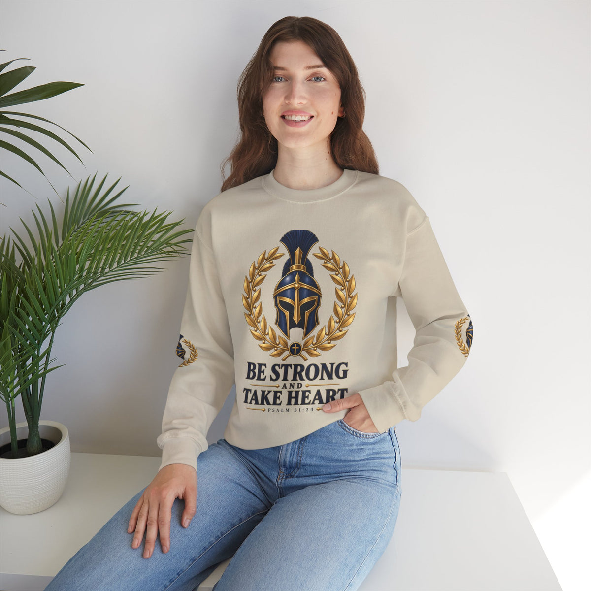 Crewneck Sweatshirt — "Be Strong and Take Heart" Psalm 31:24 Spartan Helmet Design