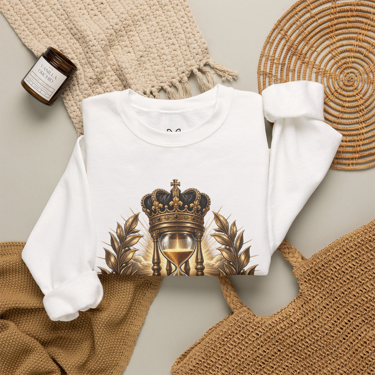 In His Time Crewneck Sweatshirt – Inspirational Christian Scripture Hourglass Design