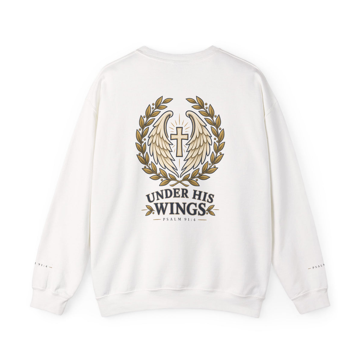 Under His Wings Crewneck Sweatshirt — Christian Cross & Angel Wings Psalm Design