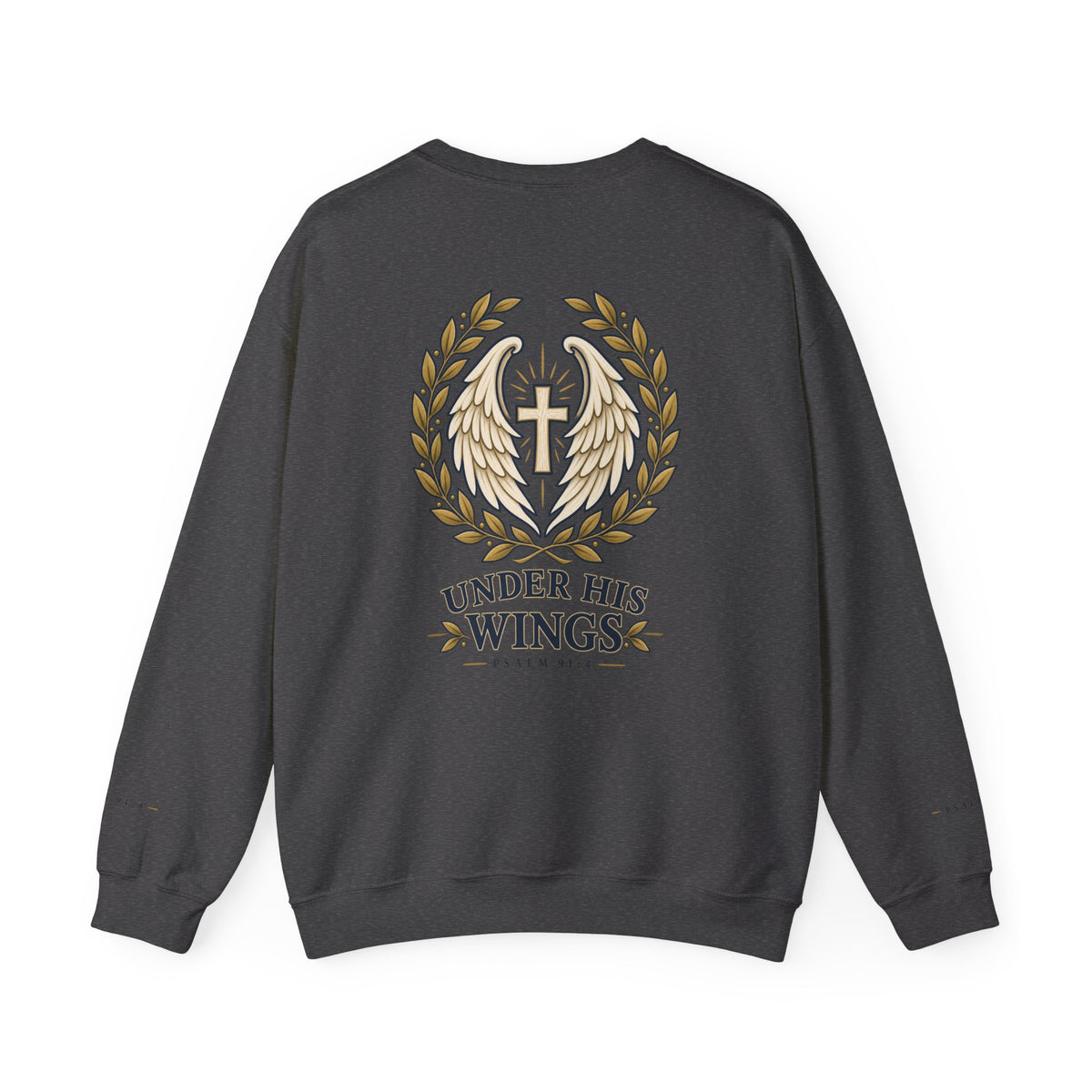 Under His Wings Crewneck Sweatshirt — Christian Cross & Angel Wings Psalm Design