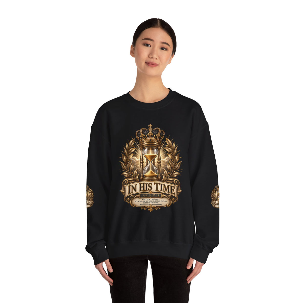 In His Time Crewneck Sweatshirt – Inspirational Christian Scripture Hourglass Design