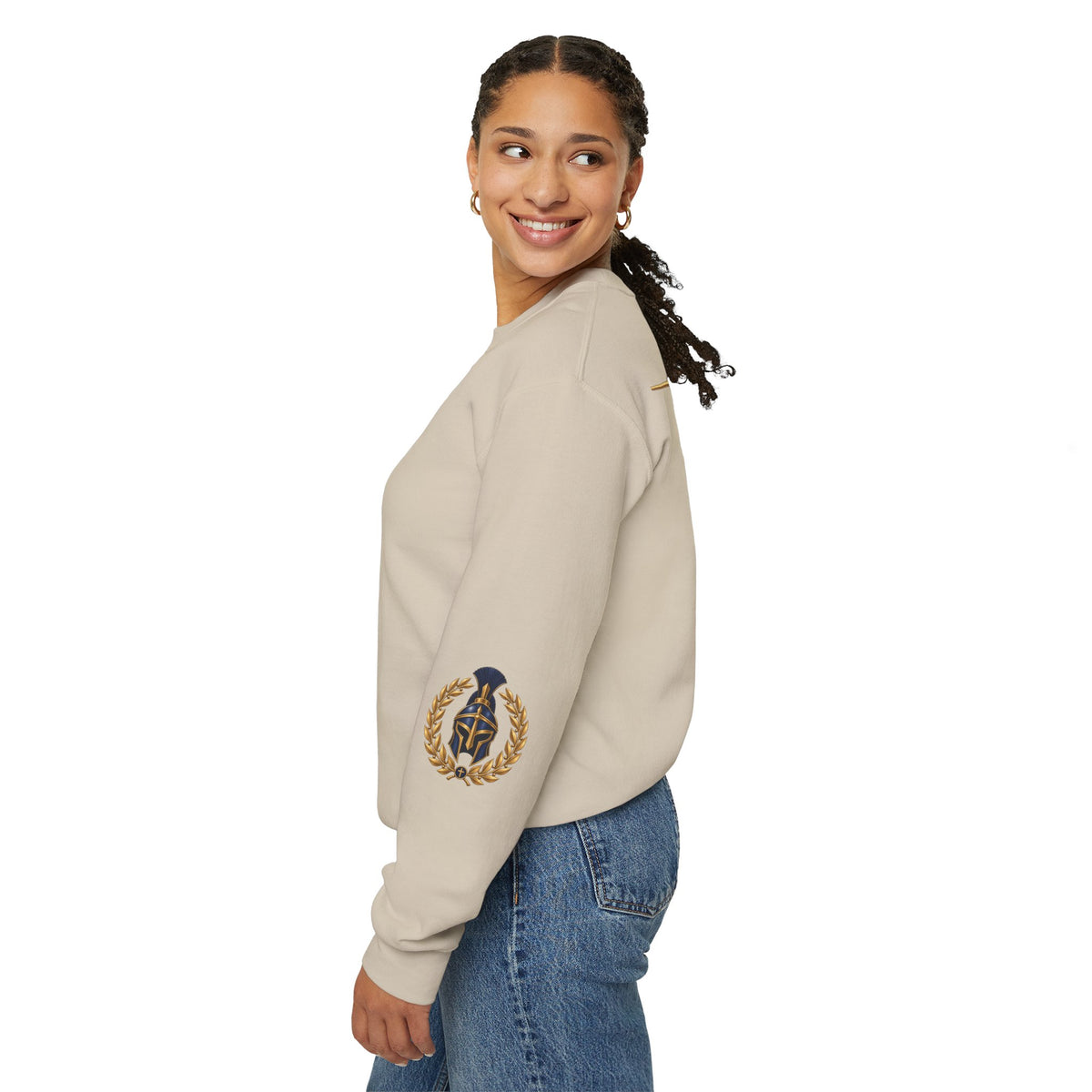 Crewneck Sweatshirt — "Be Strong and Take Heart" Psalm 31:24 Spartan Helmet Design