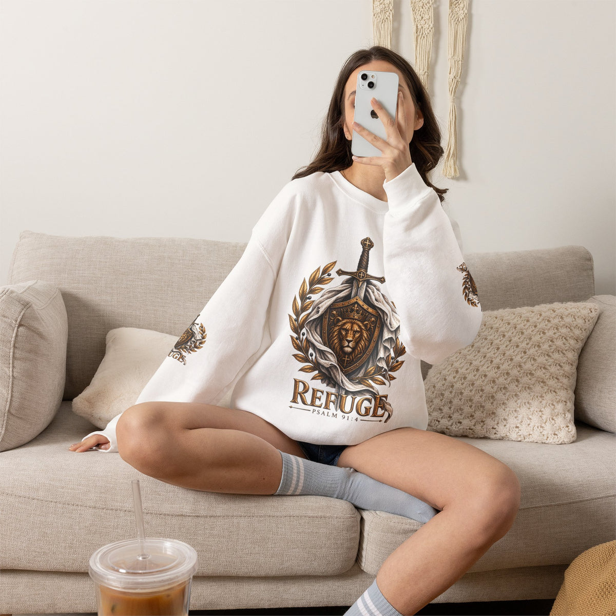 Crewneck Sweatshirt — 'Refuge' Lion & Sword Psalm 91:4 Christian Pullover