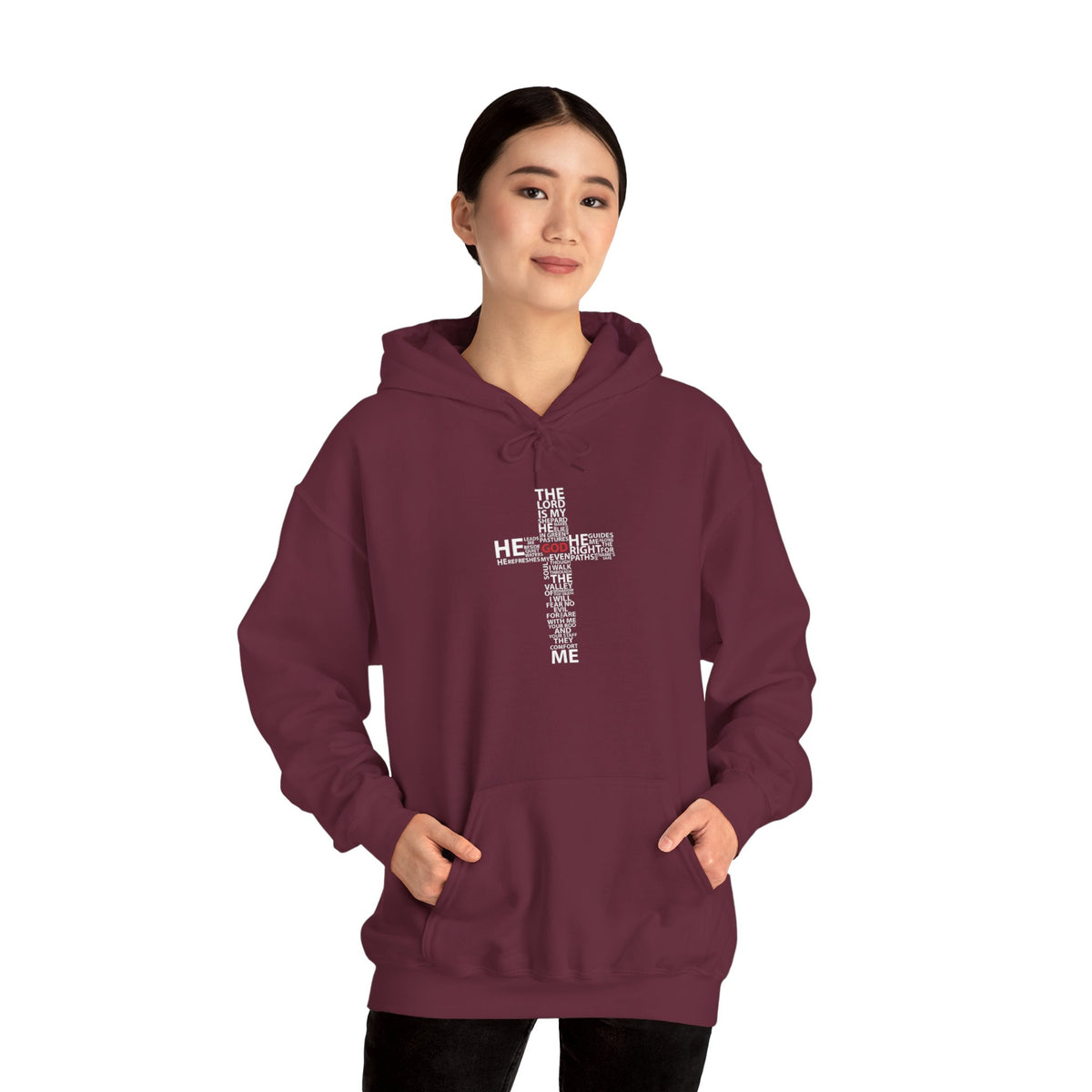 Christian Cross Hoodie - "He Renewed Me" Word Cloud Faith Sweatshirt