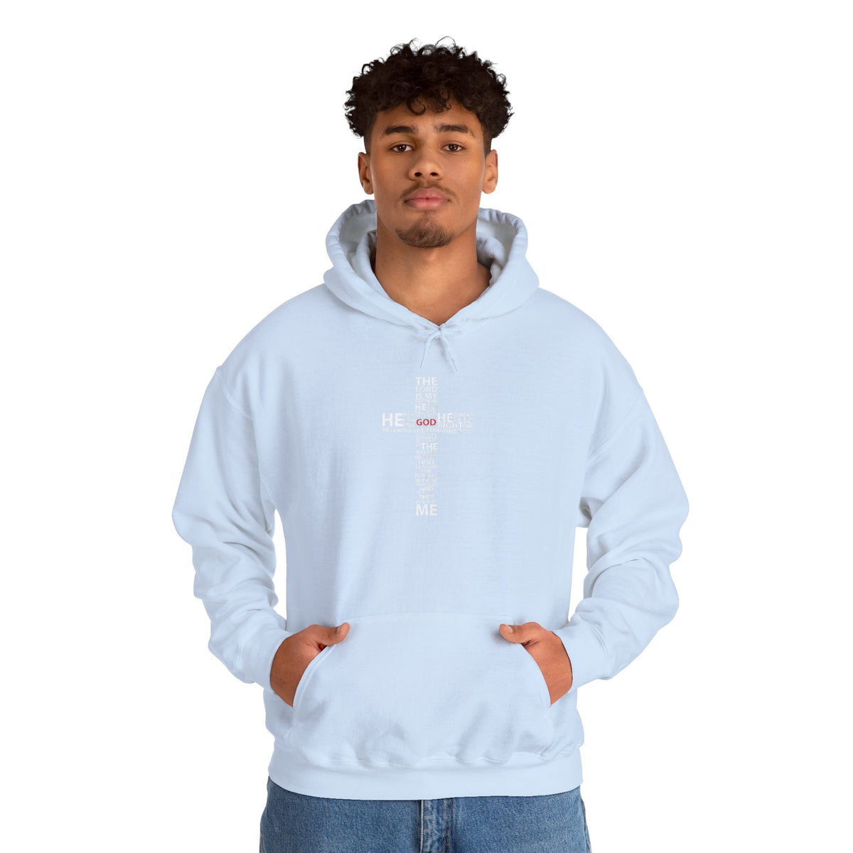 Christian Cross Hoodie - "He Renewed Me" Word Cloud Faith Sweatshirt