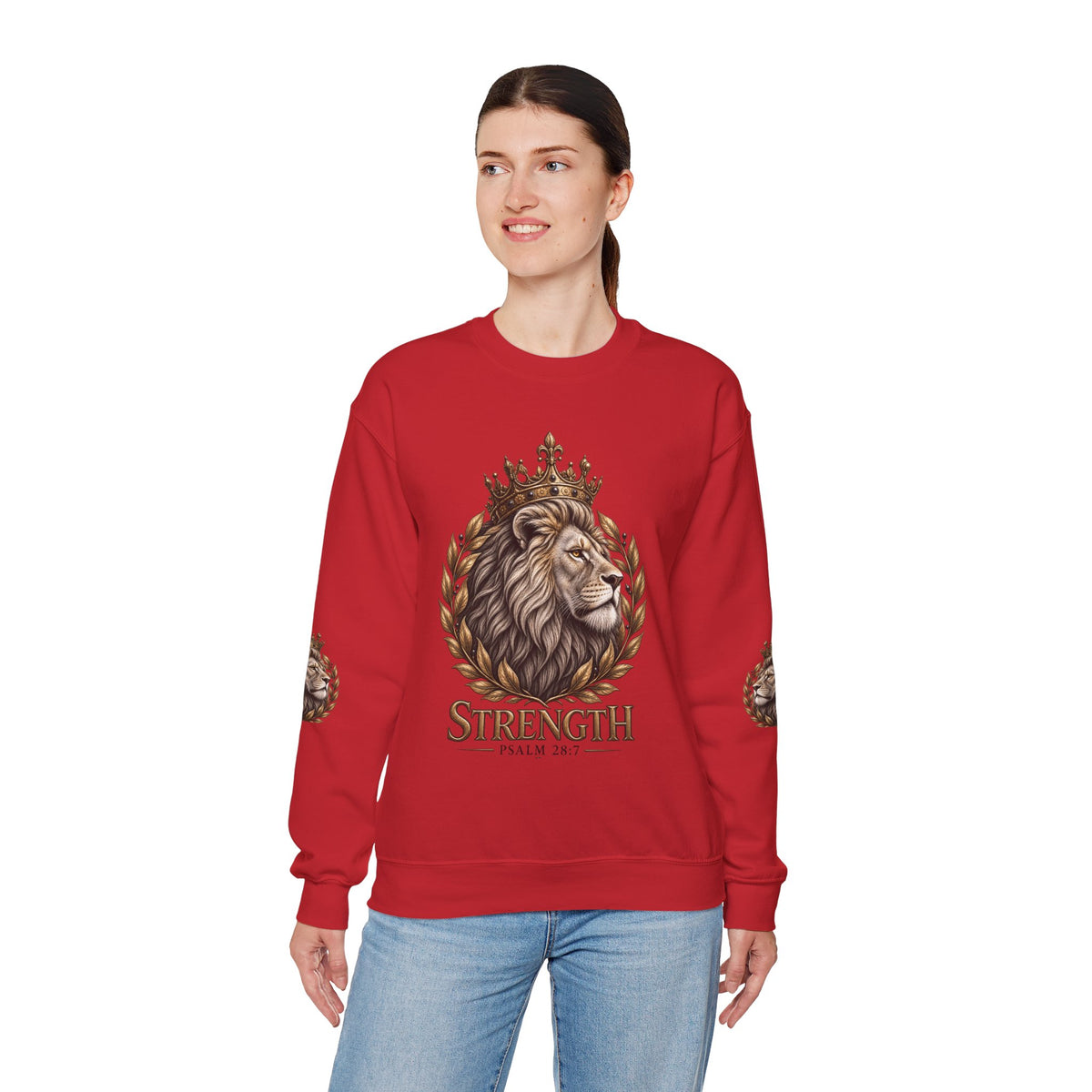 Strength Lion Crewneck Sweatshirt — Psalm 28:7 Inspirational Pullover