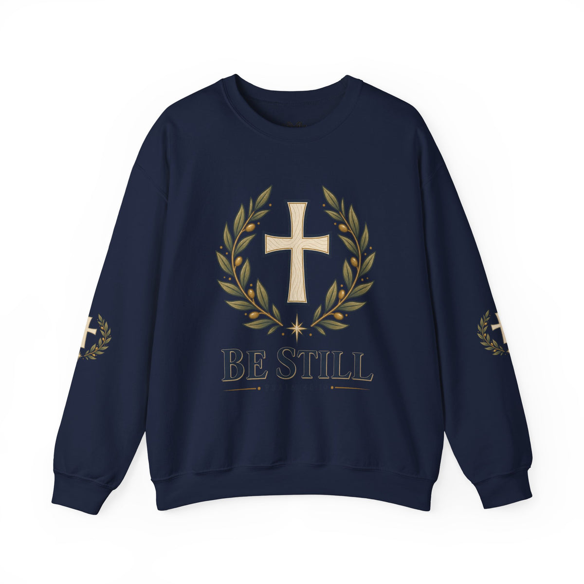 Crewneck Sweatshirt — "Be Still" Psalm 46:10 Christian Cross Design