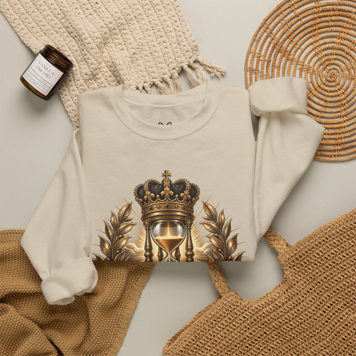In His Time Crewneck Sweatshirt – Inspirational Christian Scripture Hourglass Design