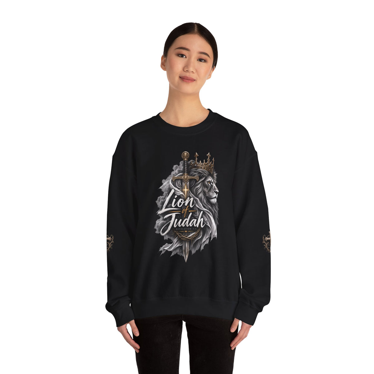 Lion of Judah Sweatshirt — Christian Lion Crewneck with Crown & Ichthys Back