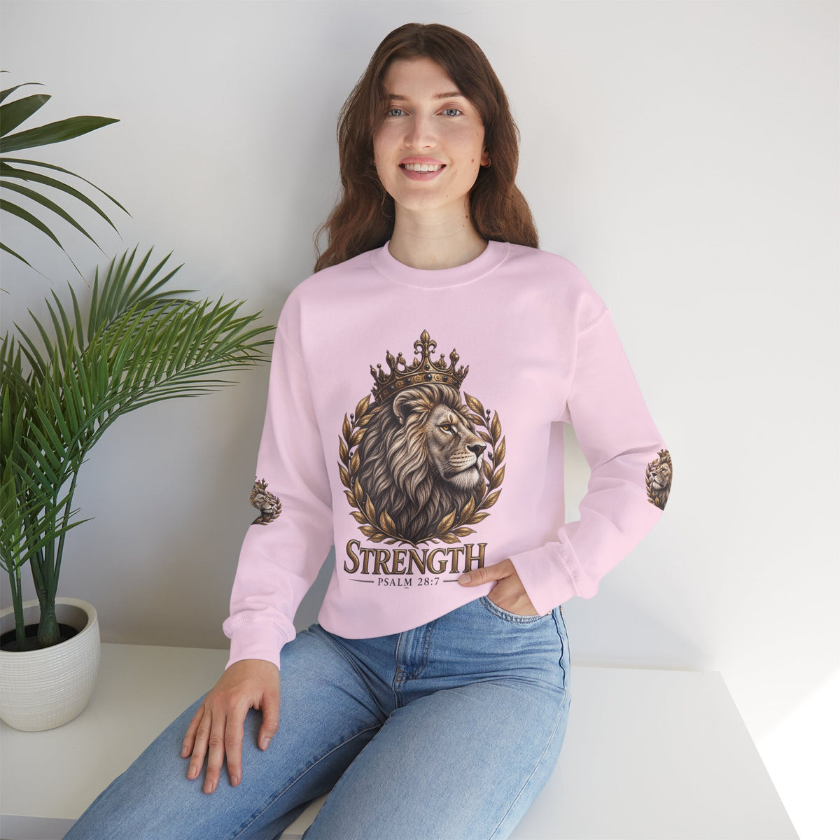 Strength Lion Crewneck Sweatshirt — Psalm 28:7 Inspirational Pullover
