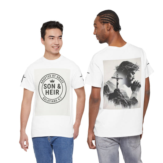 Christian Son & Heir T-Shirt — 'Adopted by Grace' Faith Tee with Jesus Prayer Design