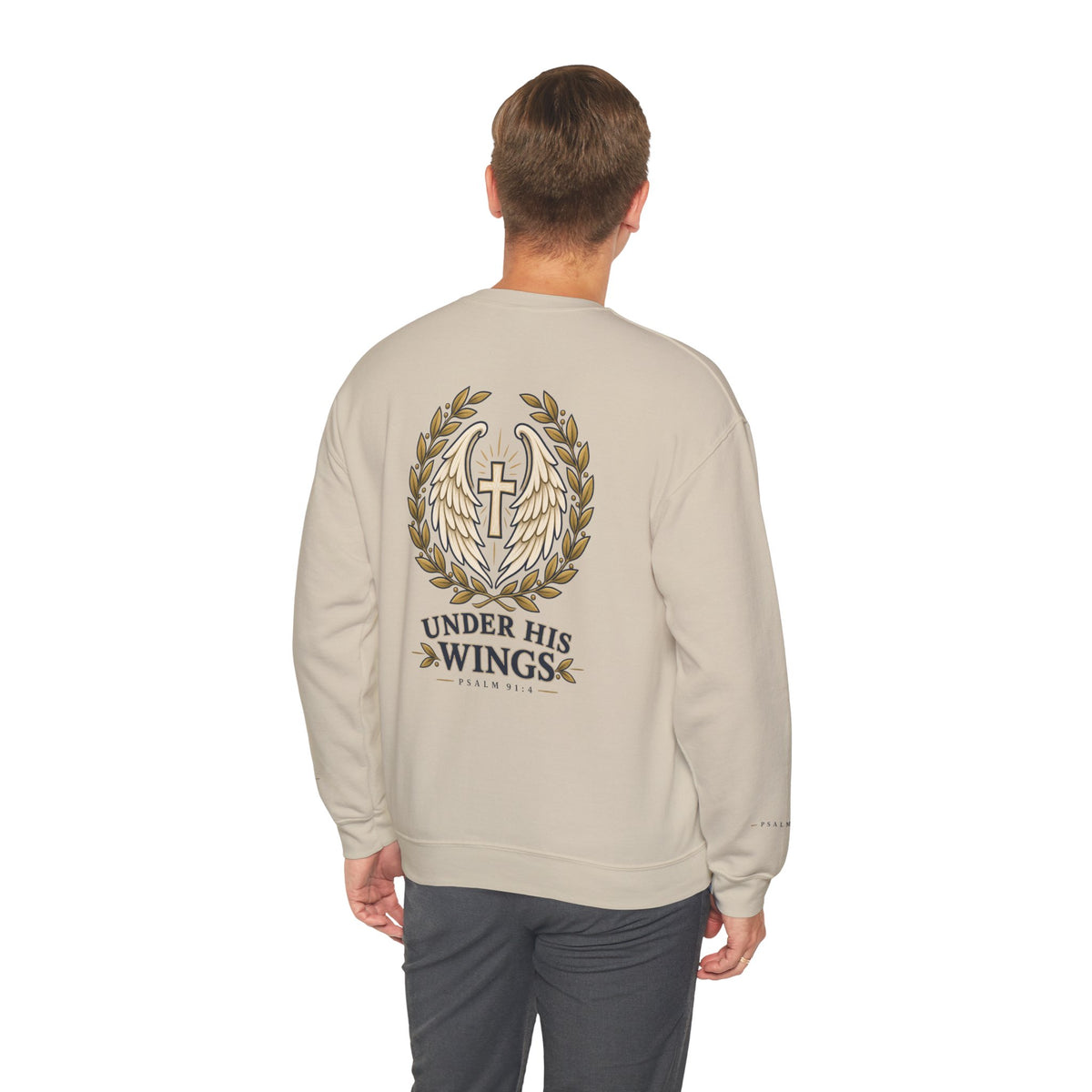 Under His Wings Crewneck Sweatshirt — Christian Cross & Angel Wings Psalm Design