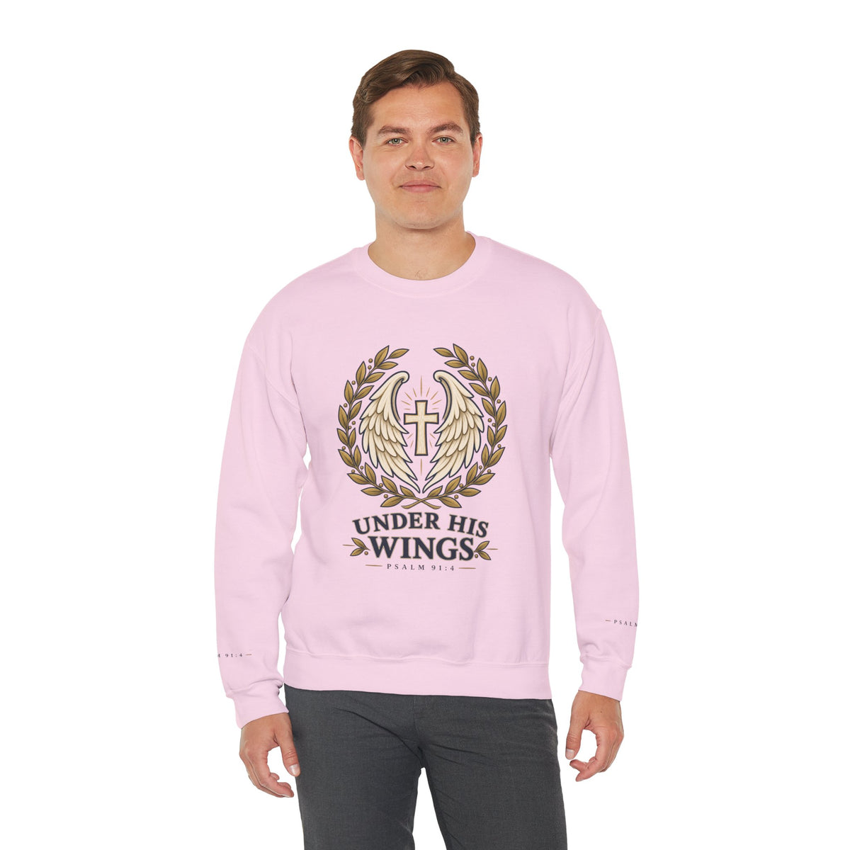 Under His Wings Crewneck Sweatshirt — Christian Cross & Angel Wings Psalm Design